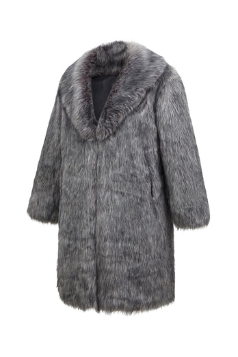 Sliver Grey Lapel Long Faux Fur Luxury Puffy Overcoat