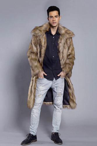 Brown Thicken Lapel Puffy Mid-Long Faux Fur Coat