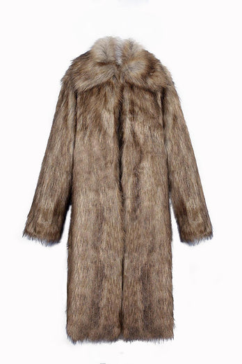 Brown Thicken Lapel Puffy Mid-Long Faux Fur Coat