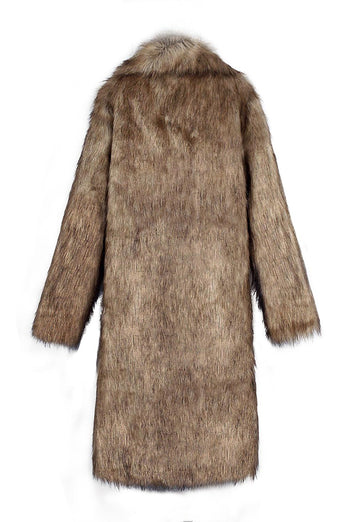 Brown Thicken Lapel Puffy Mid-Long Faux Fur Coat