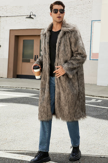 White Grey Thicken Lapel Puffy Mid-Long Faux Fur Coat