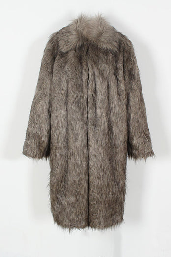 White Grey Thicken Lapel Puffy Mid-Long Faux Fur Coat