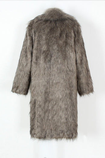 White Grey Thicken Lapel Puffy Mid-Long Faux Fur Coat