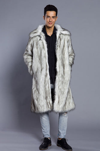 White Grey Thicken Lapel Puffy Mid-Long Faux Fur Coat
