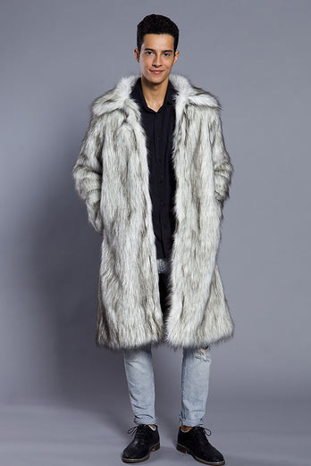 White Grey Thicken Lapel Puffy Mid-Long Faux Fur Coat