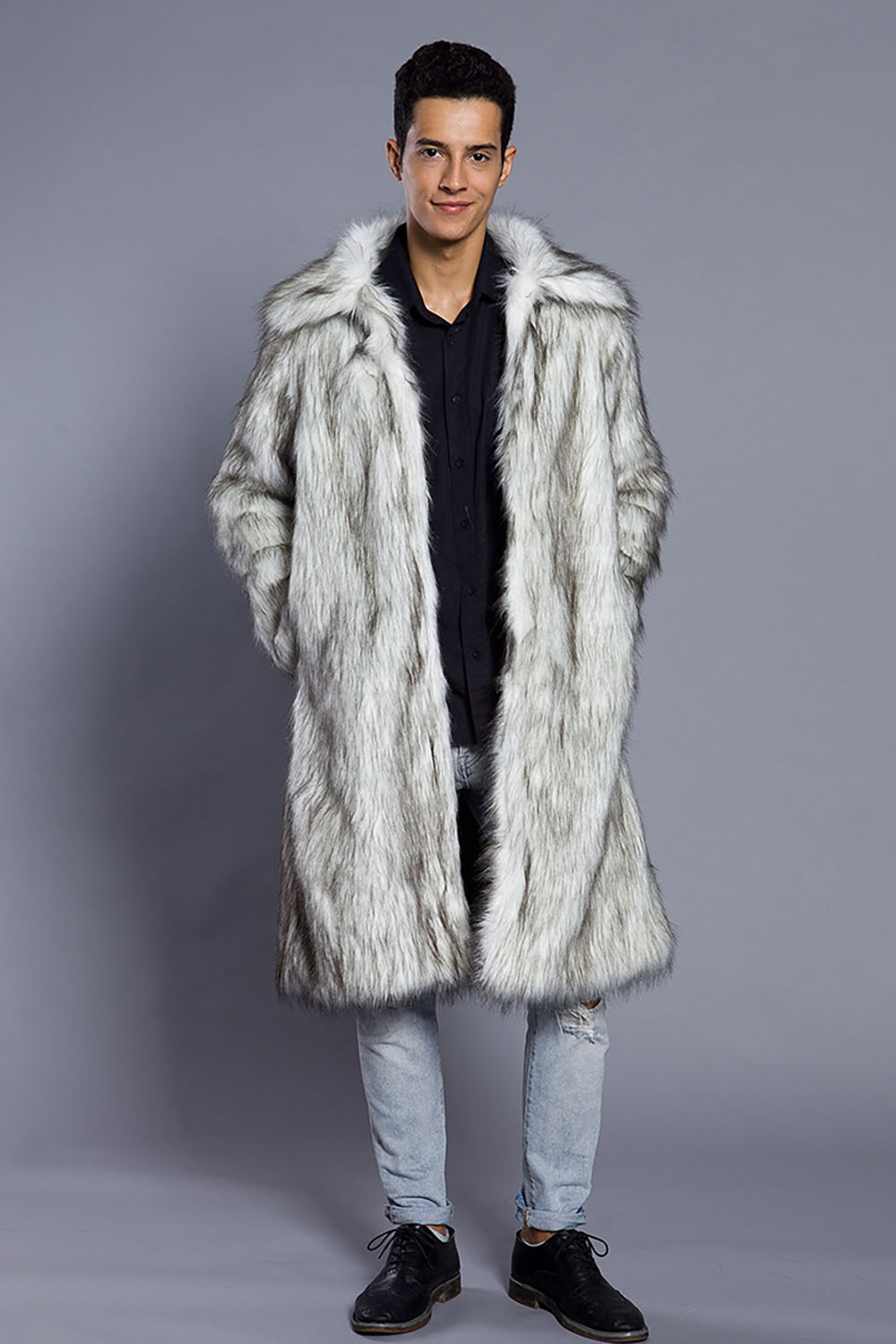 White Grey Thicken Lapel Puffy Mid-Long Faux Fur Coat
