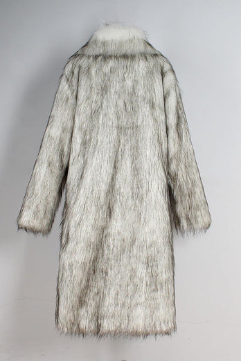 White Grey Thicken Lapel Puffy Mid-Long Faux Fur Coat