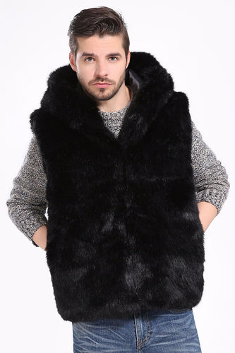Black Thicken Sleeveless Warm Hooded Faux Fur Short Coat