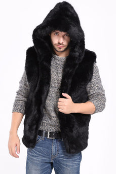 Black Thicken Sleeveless Warm Hooded Faux Fur Short Coat