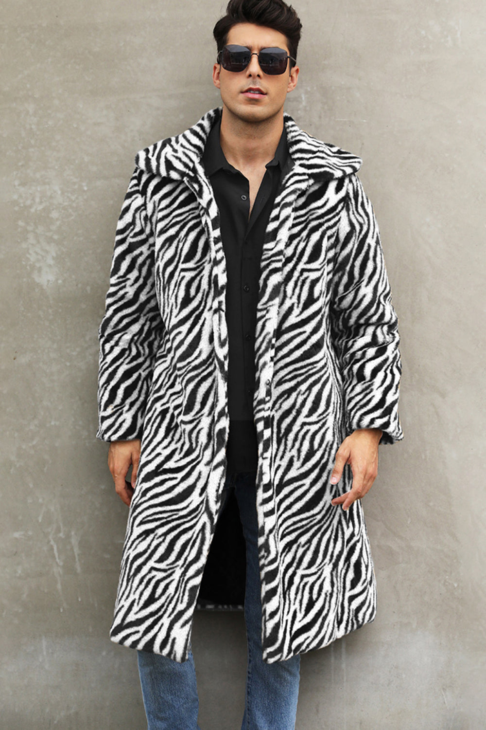 White Zebras Thicken Lapel Mid-Long Warm Faux Fur Coat