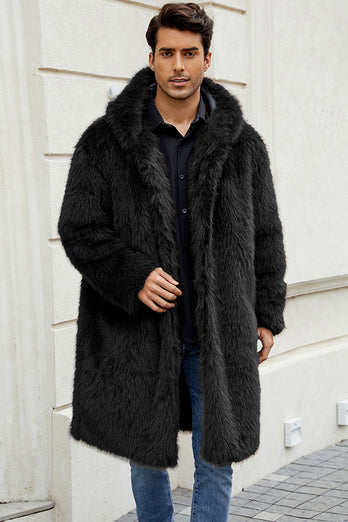 White Grey Thicken Hooded Puffy Mid-Long Faux Fur Coat