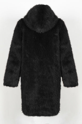 White Grey Thicken Hooded Puffy Mid-Long Faux Fur Coat