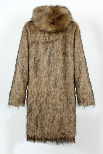White Grey Thicken Hooded Puffy Mid-Long Faux Fur Coat