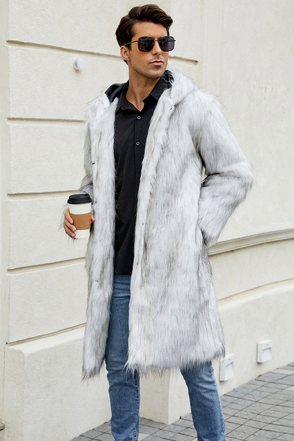 White Grey Thicken Hooded Puffy Mid-Long Faux Fur Coat