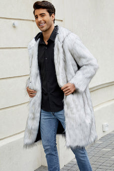 White Grey Thicken Hooded Puffy Mid-Long Faux Fur Coat