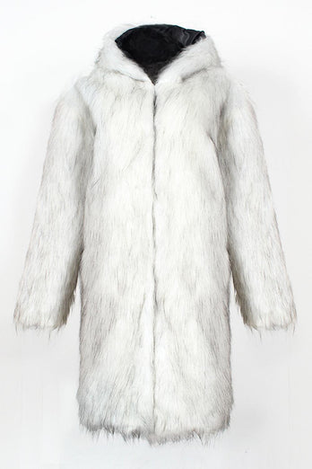 White Grey Thicken Hooded Puffy Mid-Long Faux Fur Coat