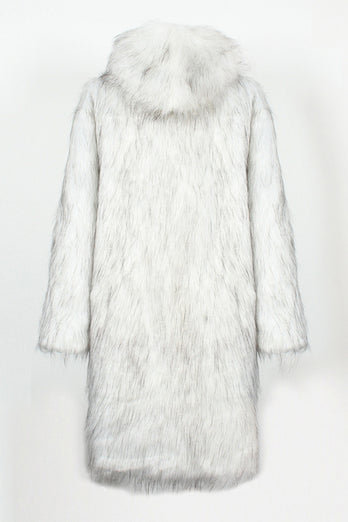White Grey Thicken Hooded Puffy Mid-Long Faux Fur Coat