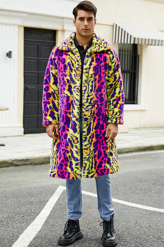 Colorful Leopard Lapel Mid-Long Faux Fur Luxury Overcoat