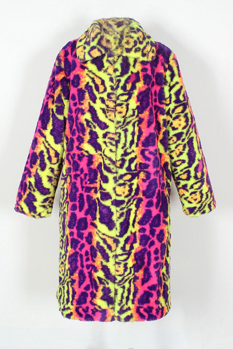 Load image into Gallery viewer, Colorful Leopard Lapel Mid-Long Faux Fur Luxury Overcoat
