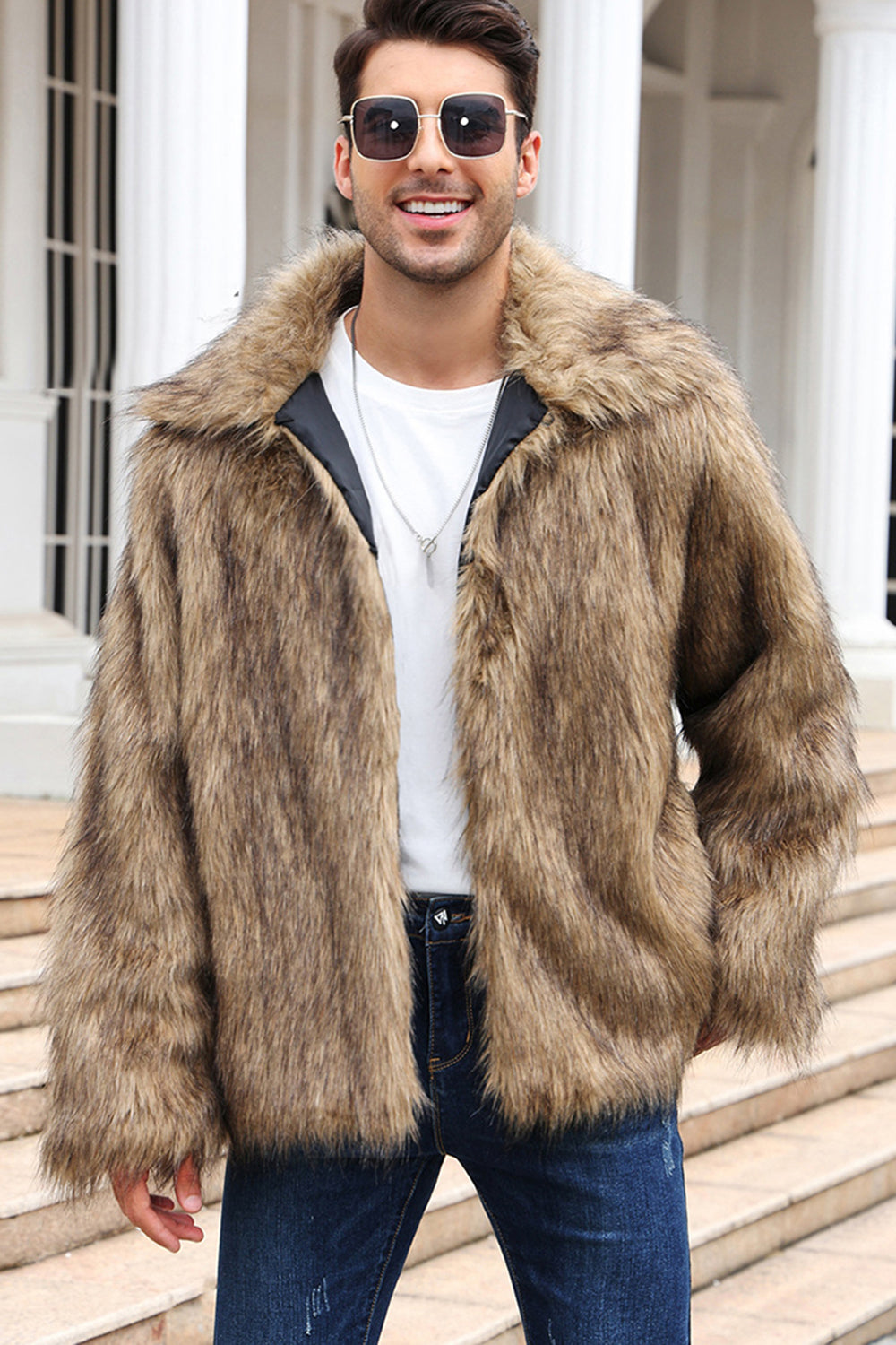 Camel Thicken Lapel Short Faux Fur Coat