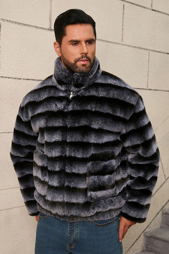 Dark Grey Stand Collar Faux Fur Luxury Puffy Short Overcoat