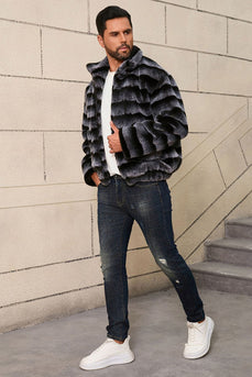 Dark Grey Stand Collar Faux Fur Luxury Puffy Short Overcoat