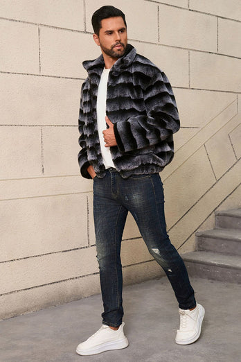Dark Grey Stand Collar Faux Fur Luxury Puffy Short Overcoat