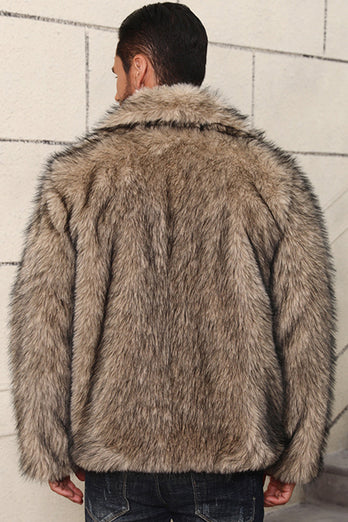 Grey Lapel Short Faux Fur Luxury Puffy Overcoat