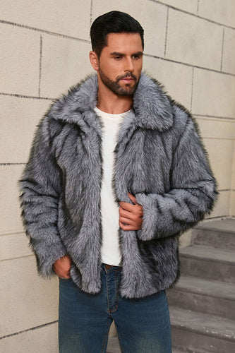 Grey Lapel Short Faux Fur Luxury Puffy Overcoat