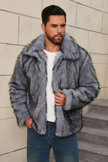 Grey Lapel Short Faux Fur Luxury Puffy Overcoat