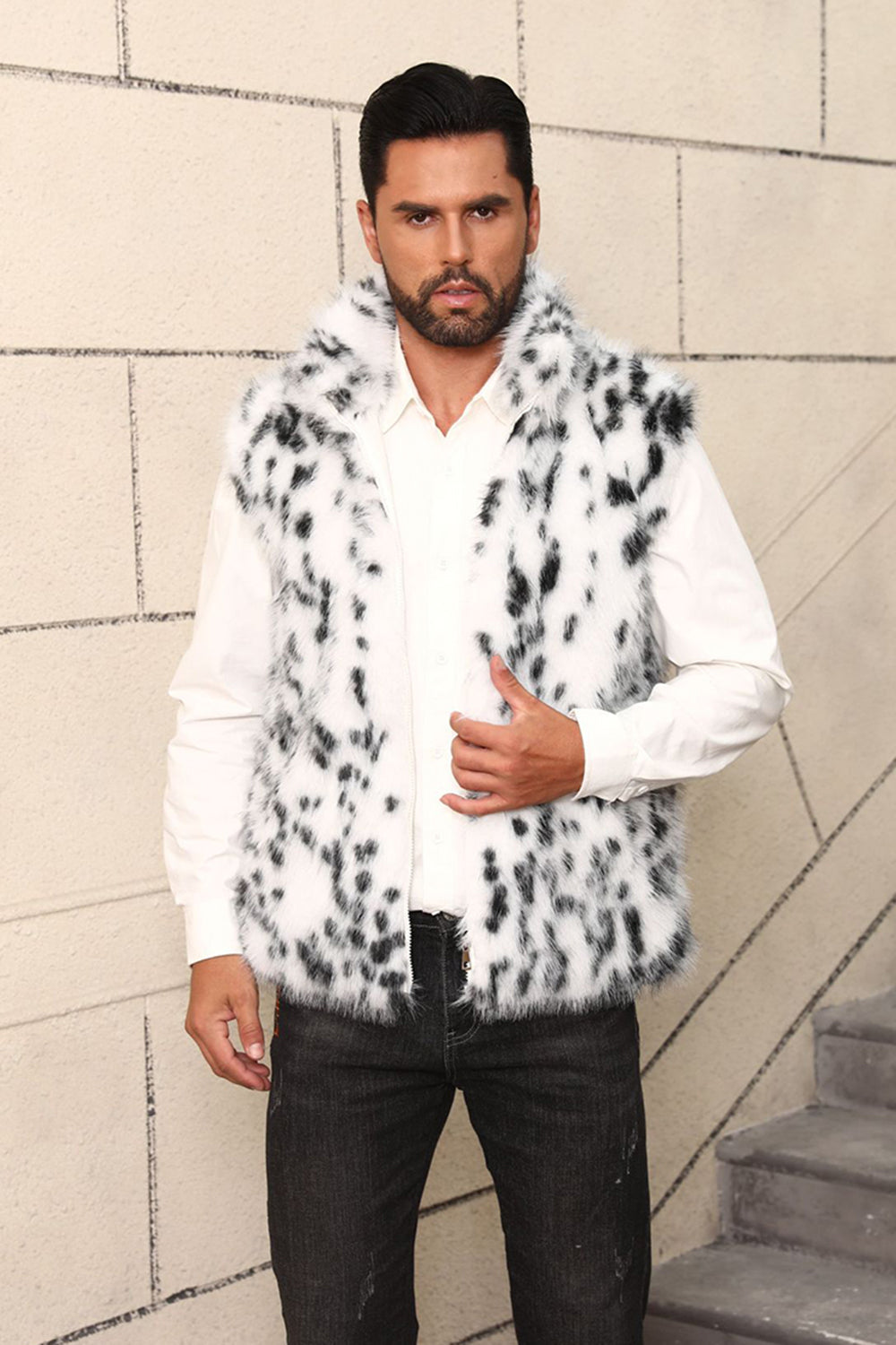 White Leopard Thicken Sleeveless Stand Collar Faux Fur Short Coat