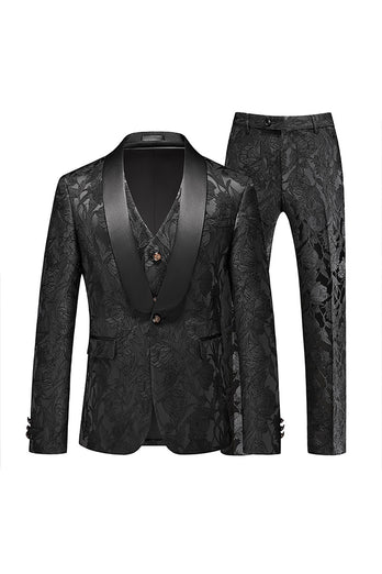 White Jacquard Shawl Lapel Single Breasted 3 Pieces Prom Suits