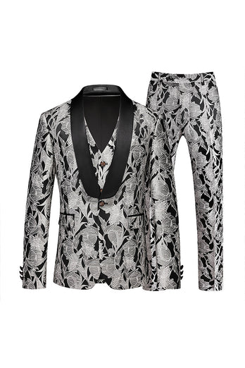 White Jacquard Shawl Lapel Single Breasted 3 Pieces Prom Suits