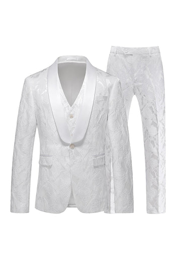 White Jacquard Shawl Lapel Single Breasted 3 Pieces Prom Suits