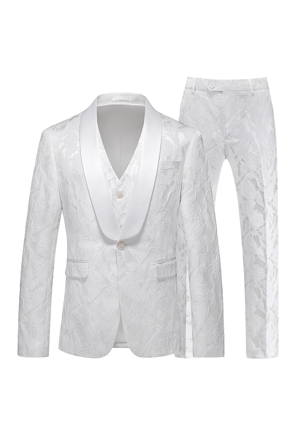 White Jacquard Shawl Lapel Single Breasted 3 Pieces Prom Suits