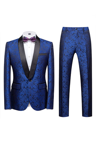Blue Jacquard Shawl Lapel 2 Pieces Prom Suits