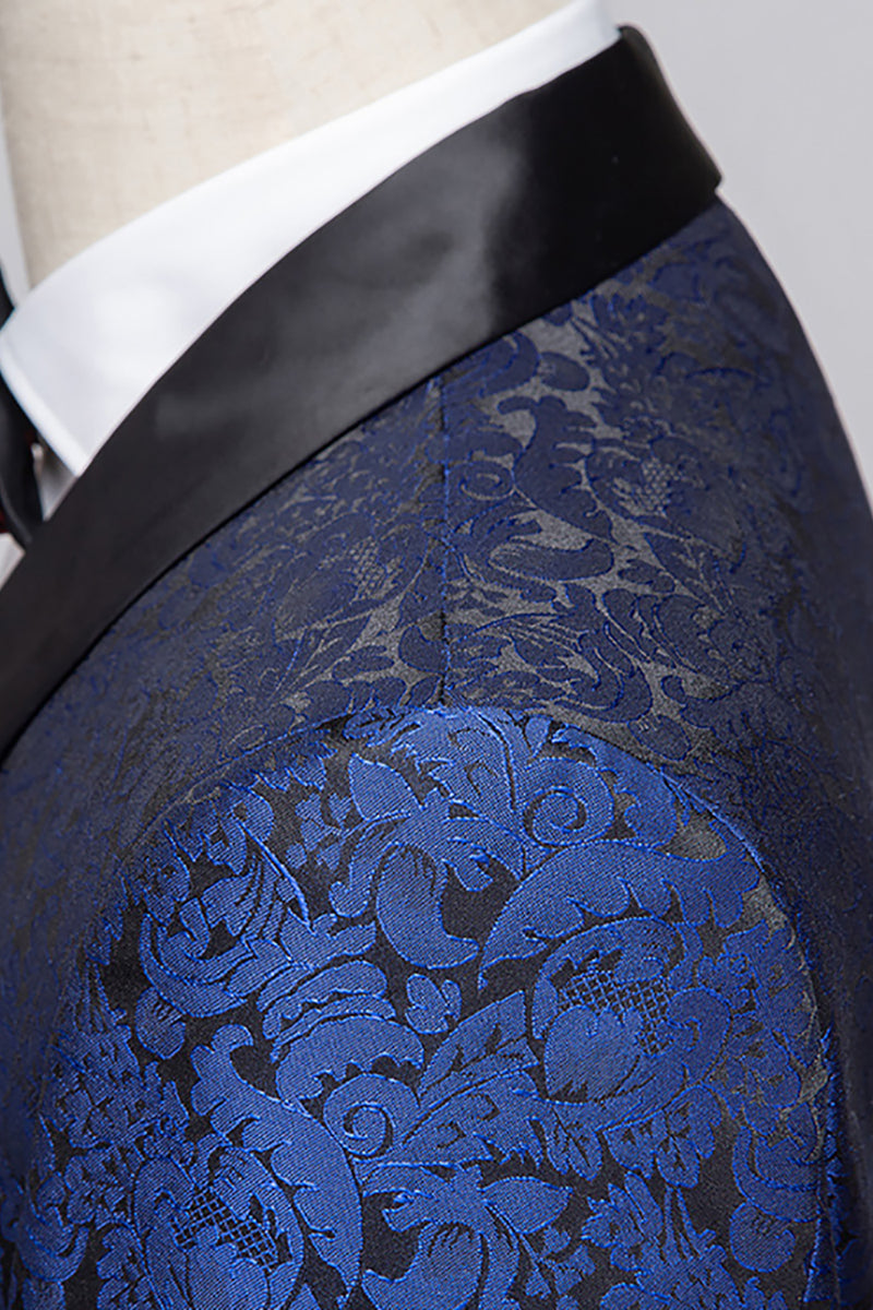 Load image into Gallery viewer, Blue Jacquard Shawl Lapel 2 Pieces Prom Suits