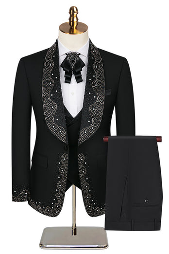 Navy Beaded Shawl Lapel Single Breasted 3 Pieces Prom Suits