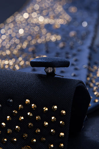 Navy Beaded Shawl Lapel Single Breasted 3 Pieces Prom Suits