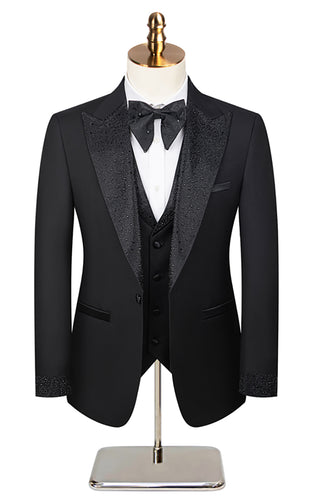 Black Peaked Lapel Beaded 3 Pieces Wedding Suits