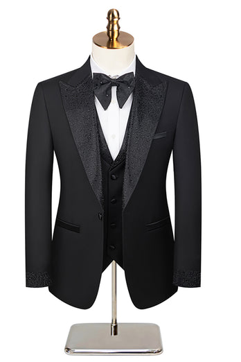 Black Peaked Lapel Beaded 3 Pieces Wedding Suits