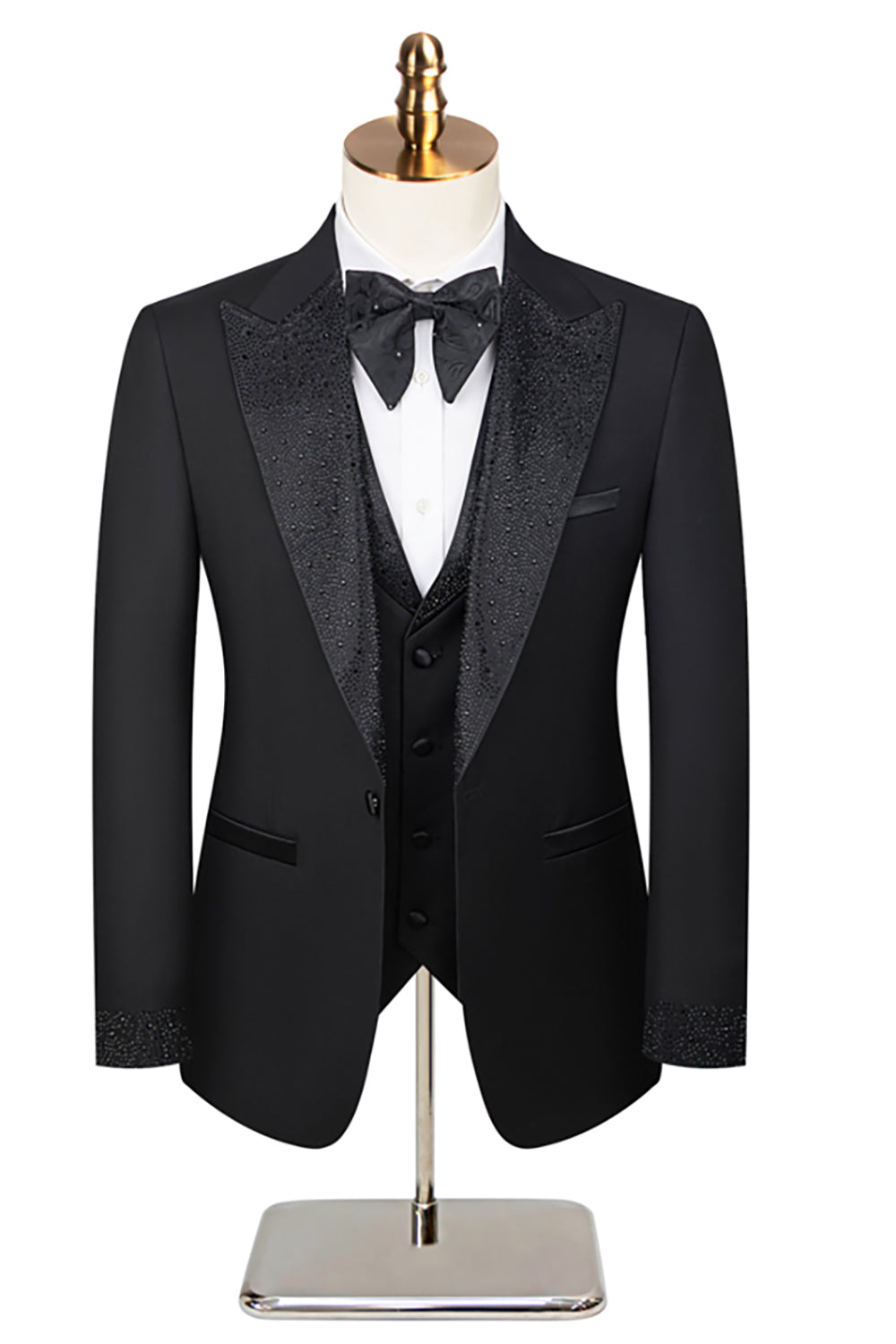 Black Peaked Lapel Beaded 3 Pieces Wedding Suits
