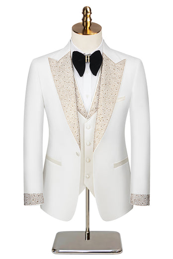 Black Peaked Lapel Beaded 3 Pieces Wedding Suits