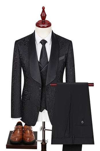 Dark Green Jacquard Shawl Lapel 3 Pieces Prom Suits