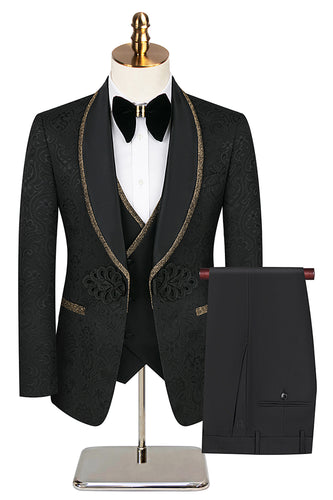 Black Jacquard Shawl Lapel 3 Pieces Prom Suits