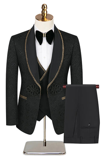 Black Jacquard Shawl Lapel 3 Pieces Prom Suits