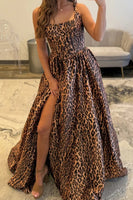 Load image into Gallery viewer, Brown Leopard Square Neck A Line Prom Dress with Slit