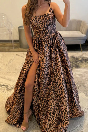 Brown Leopard Square Neck A Line Prom Dress with Slit