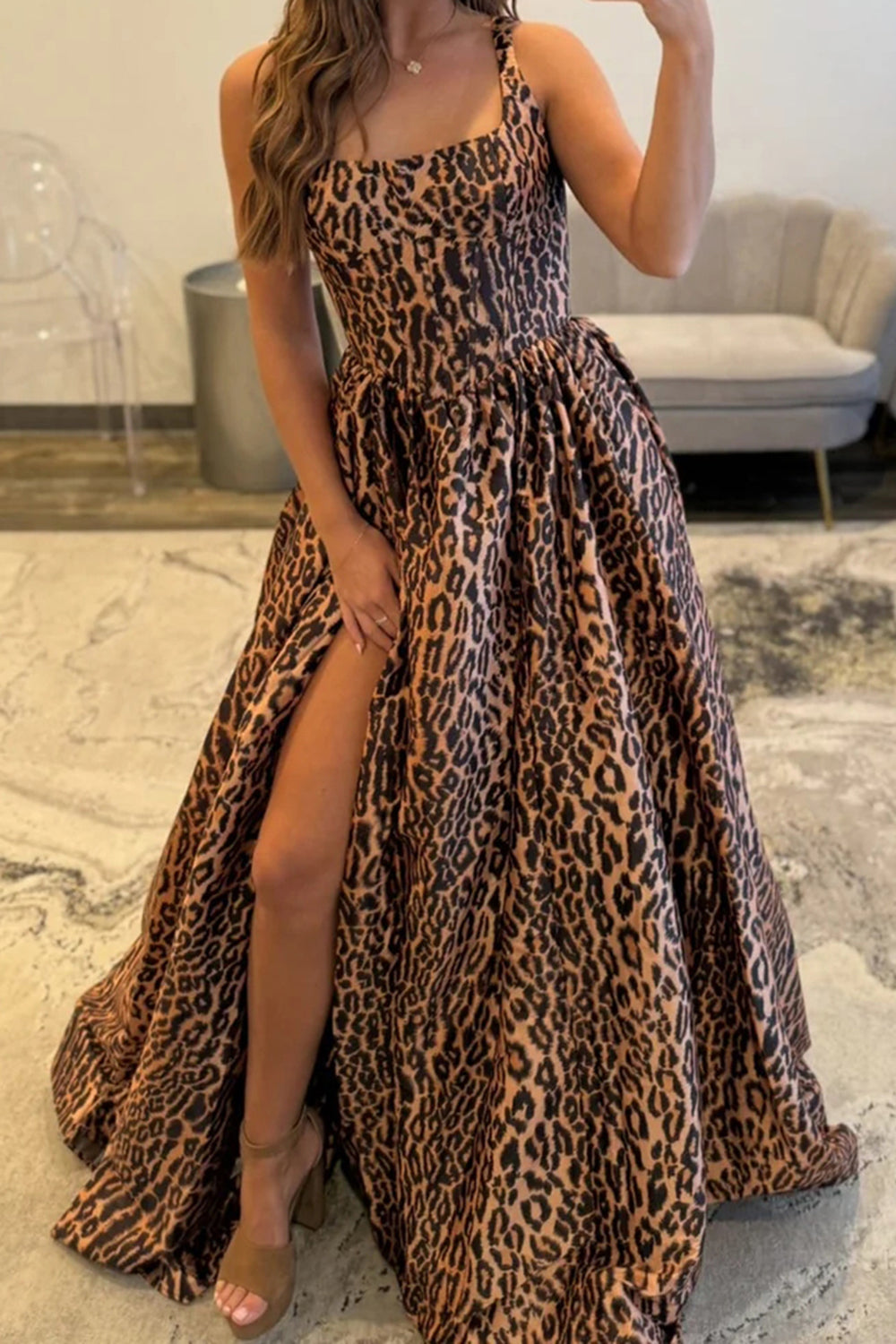 Brown Leopard Square Neck A Line Prom Dress with Slit