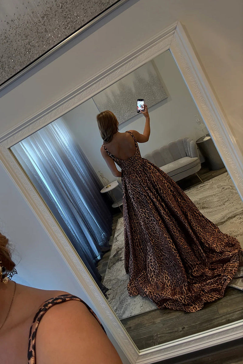 Load image into Gallery viewer, Brown Leopard Square Neck A Line Prom Dress with Slit